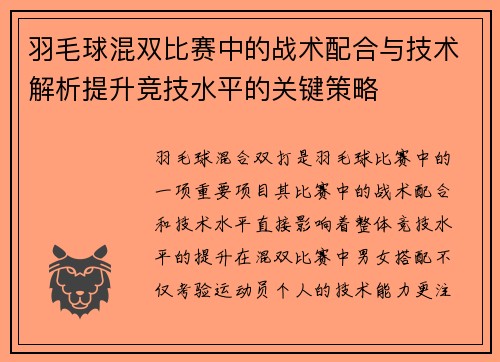 羽毛球混双比赛中的战术配合与技术解析提升竞技水平的关键策略